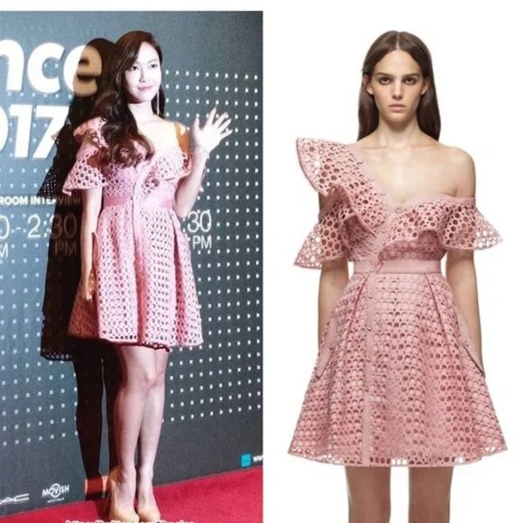 Self-Portrait Pink Guipure Frill Eyelet Lace One Off Shoulder Mini Dress 6 - Picture 1 of 12